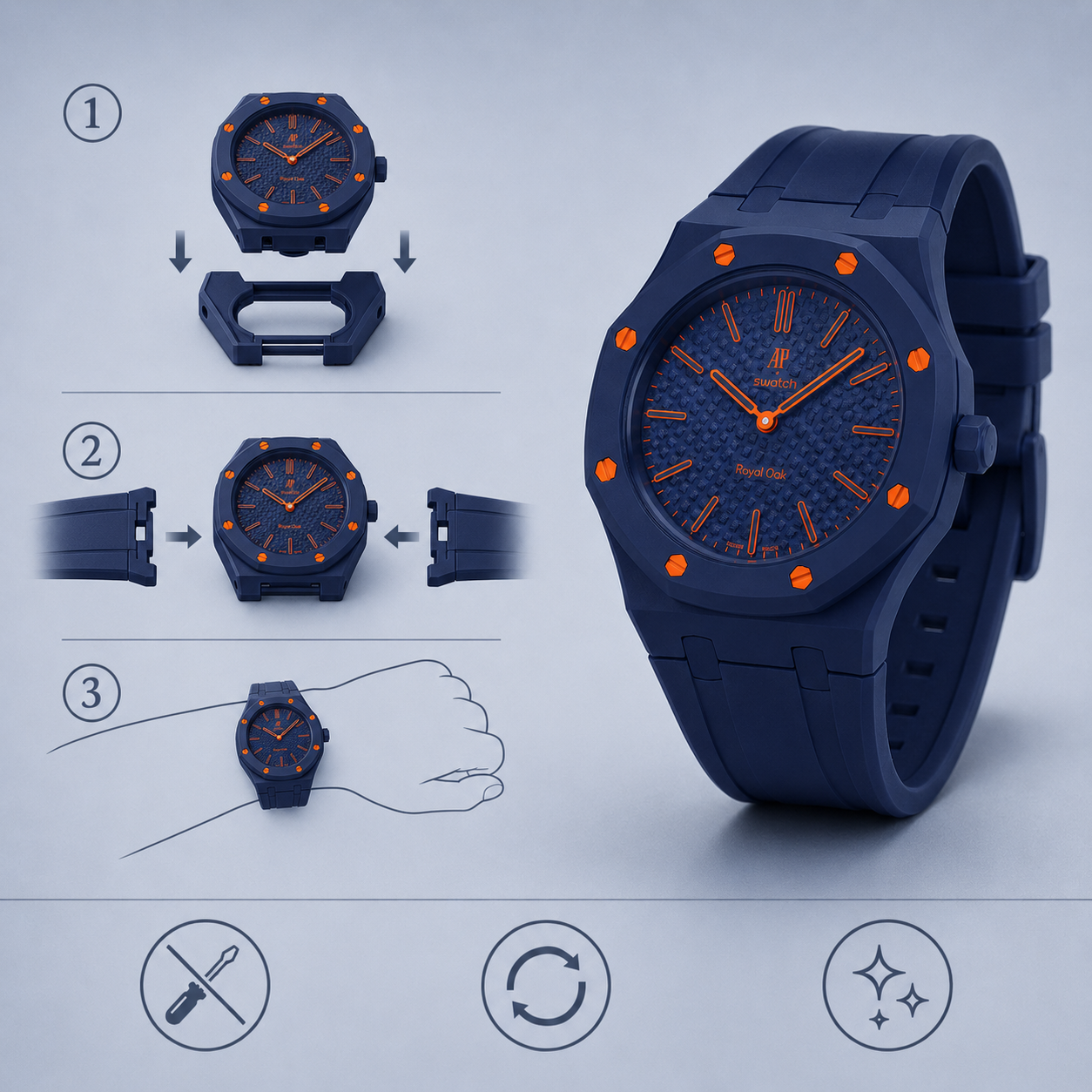 Bracelet Royal Pop Navy Orenji Hachi détail cage polymère et stitching orange