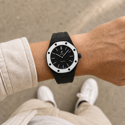 Bracelet Royal Pop Jet Black Ocho Negro porté au poignet sur AP × Swatch