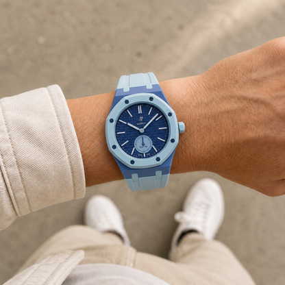 Bracelet Royal Pop Baby Blue Lan Ba porté sur AP × Swatch Savonnette