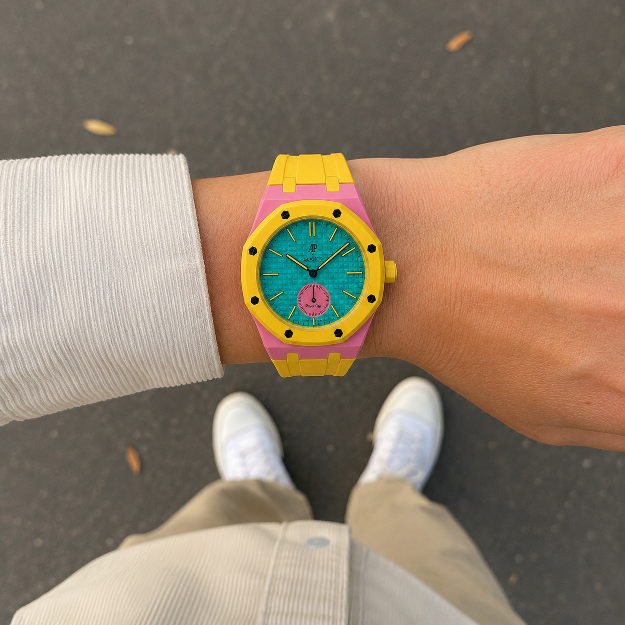 Bracelet Royal Pop Teal OTG Roz porté sur AP × Swatch Savonnette