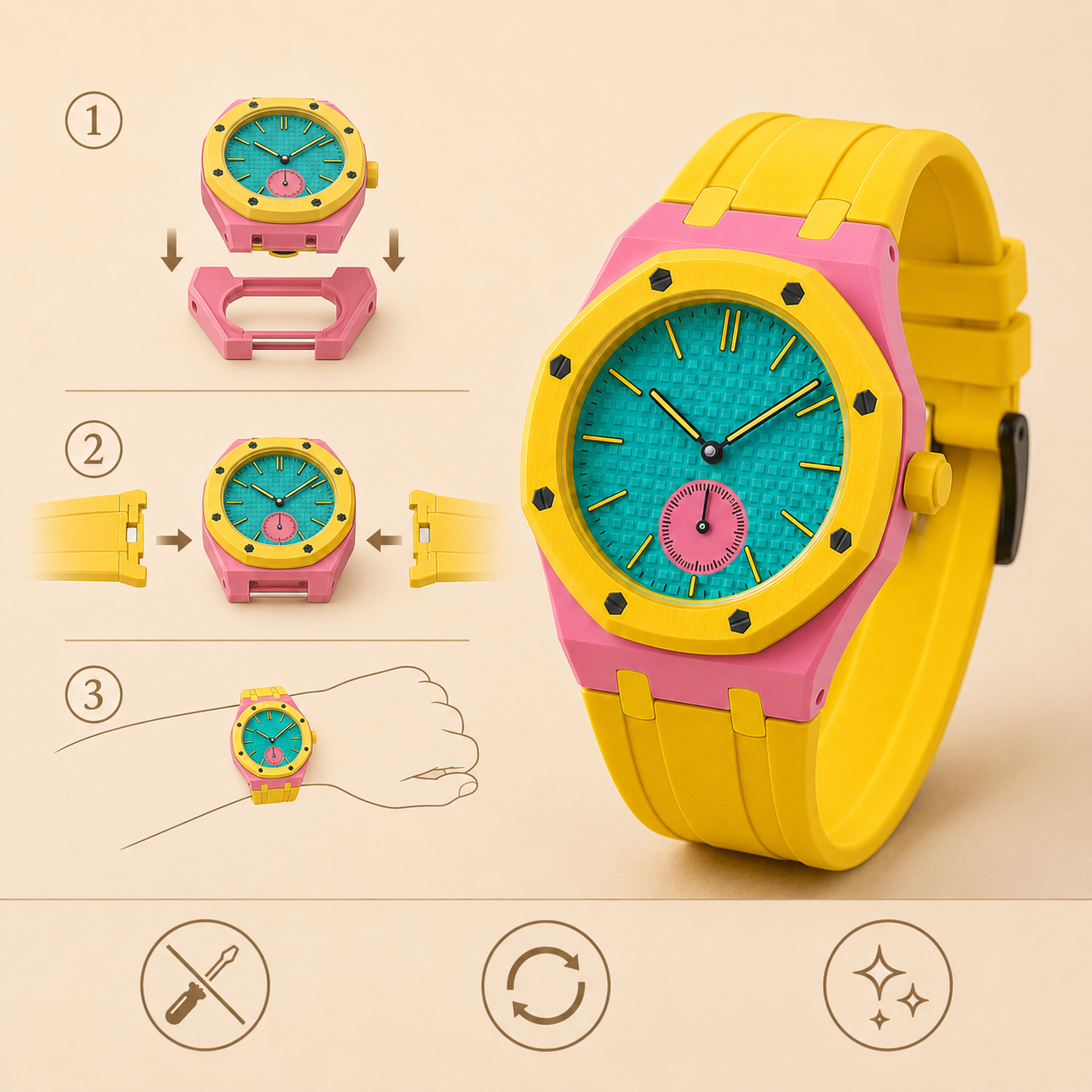 Bracelet Royal Pop Teal OTG Roz Savonnette détail cage et stitching rose